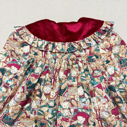 80s 90s Kids Toddler Vintage Teddy Bear AOP Christmas Pattern Velvet Round Collar Dress / 24m 2T   dress