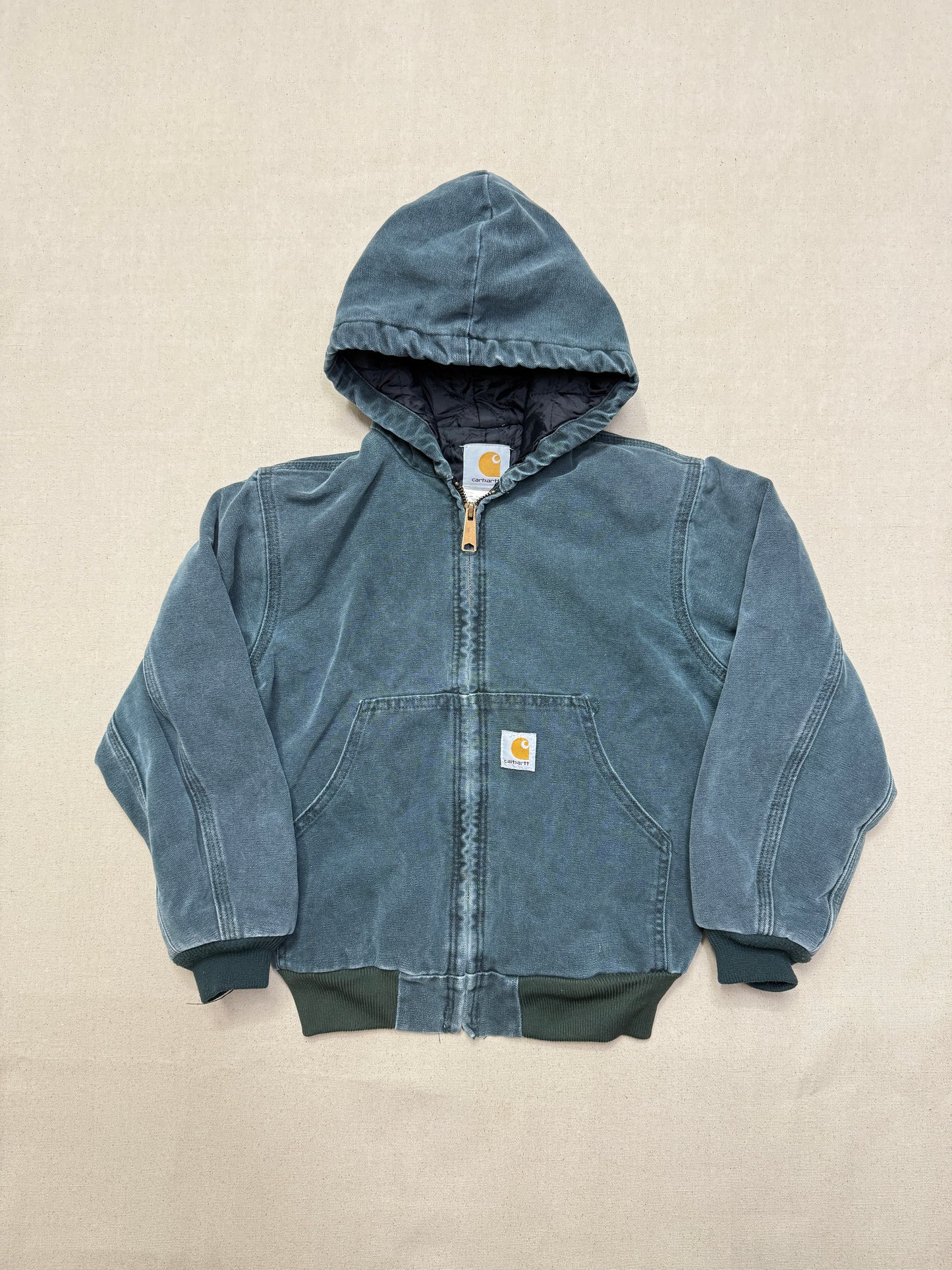 2002 Kids Youth Vintage Carhartt Dark Green Quilted Lined Hooded Active Jacket / 7y 8y 9y