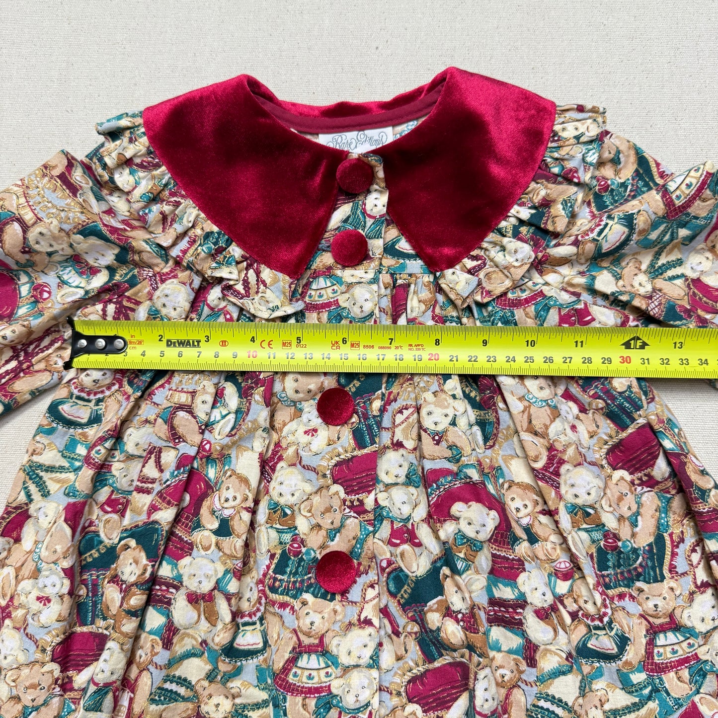 80s 90s Kids Toddler Vintage Teddy Bear AOP Christmas Pattern Velvet Round Collar Dress / 24m 2T   dress