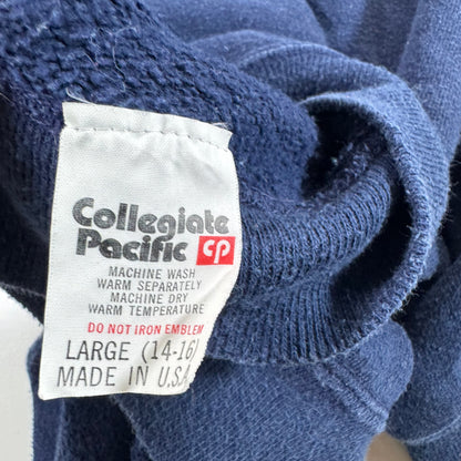 80s Kids Youth Vintage Drake University Flock Print Navy Zip Hooded Sweatshirt Made in USA L 14Y 16Y