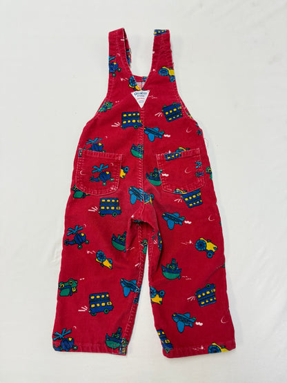 90s Kids Toddler Vintage Oshkosh Bgosh Red Cordury Plane Helicopter Tractor Bus AOP Cotton Overall / 2T/ Made in Canada