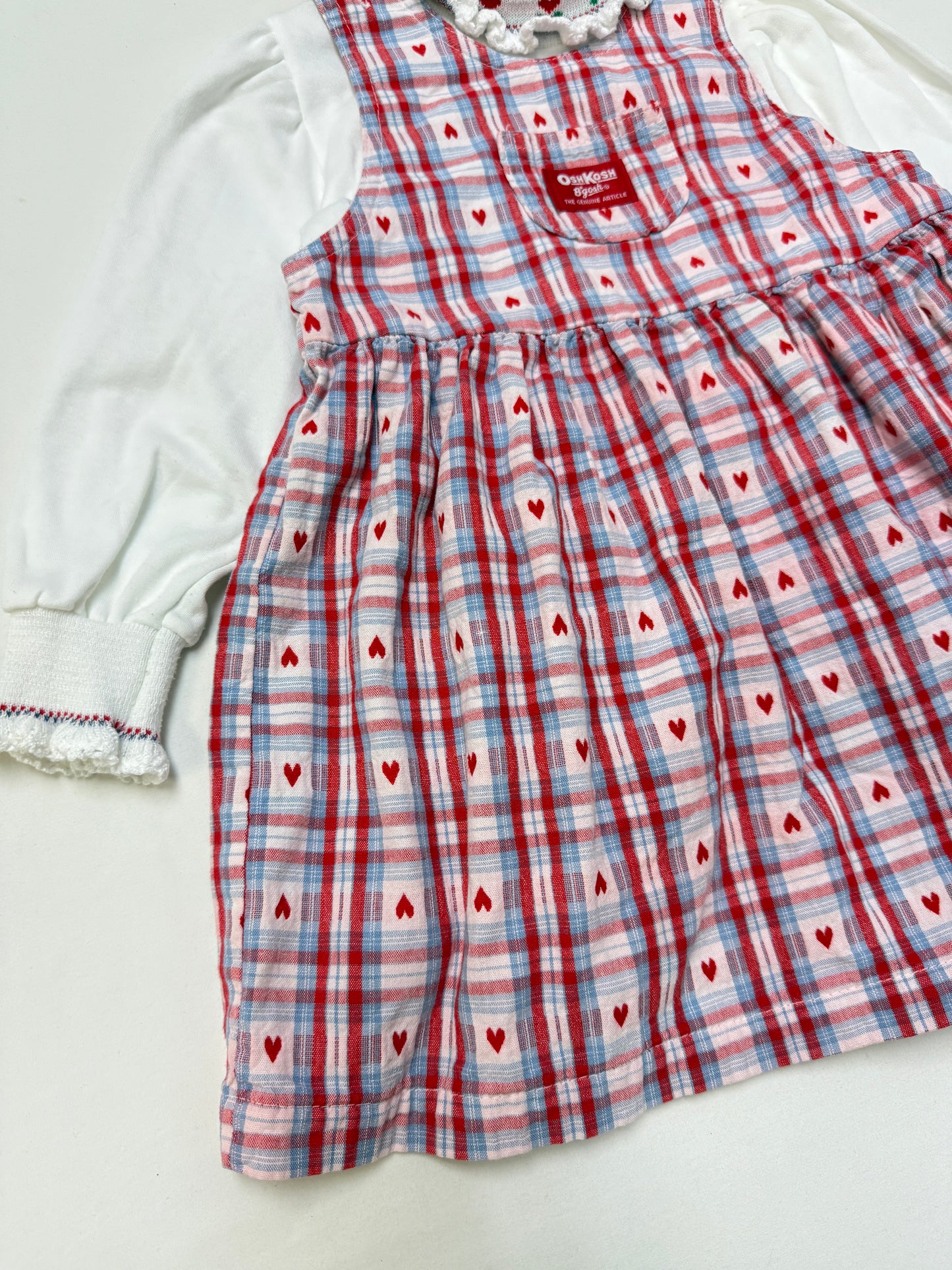 90s Kids Toddler Vintage Oshkosh Bgosh Heart AOP Check Dress and Floral Print Longsleeve Top 2pc Set  set