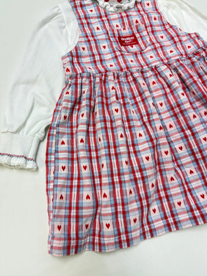 90s Kids Toddler Vintage Oshkosh Bgosh Heart AOP Check Dress and Floral Print Longsleeve Top 2pc Set  set
