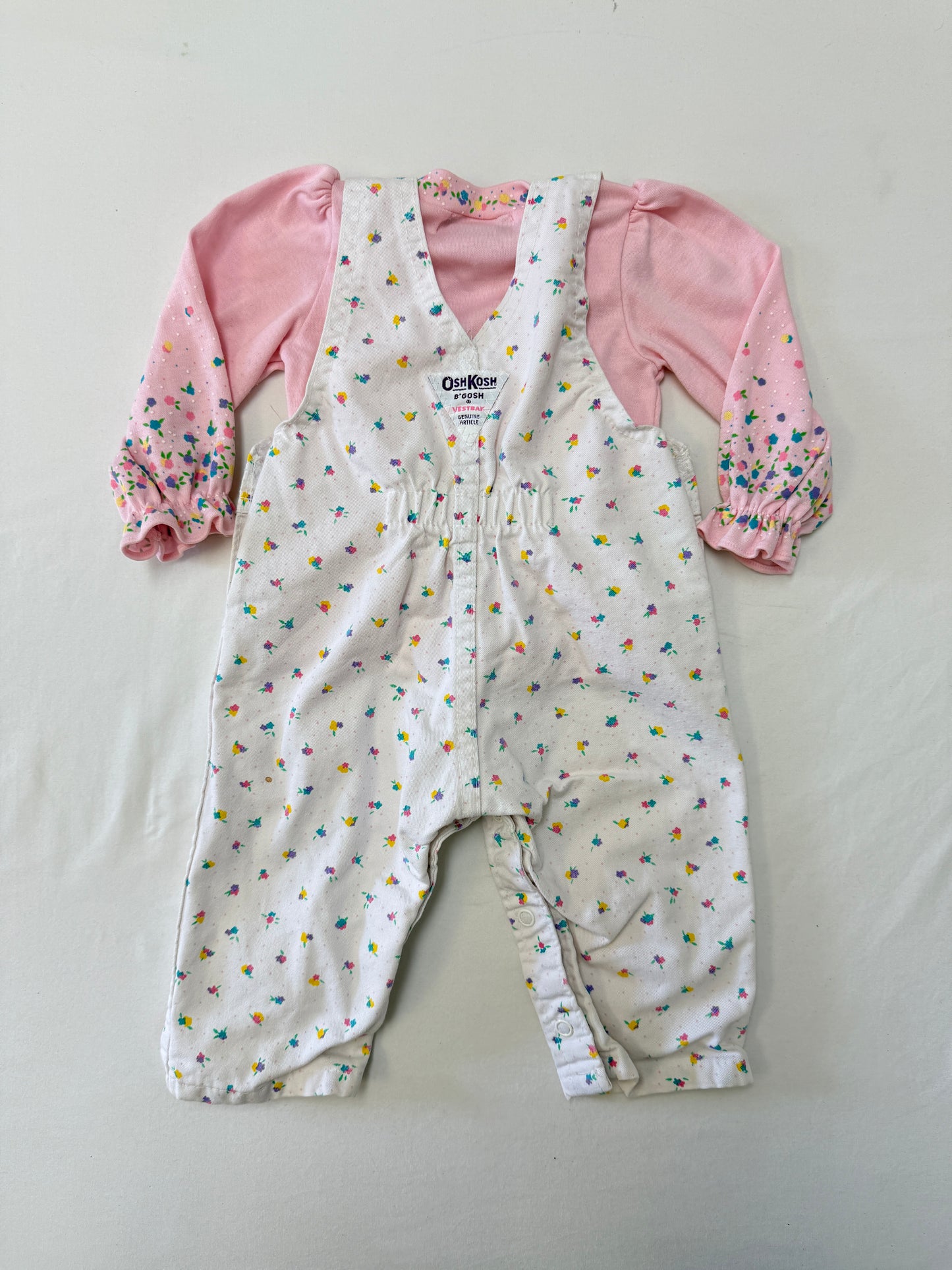 90s Kids Infant Baby Vintage Oshkosh Bgosh Floral AOP Longsleeve Shirt and Overall 2pc Set / 0m 3m / Made in USA