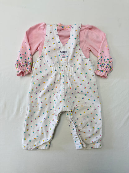 90s Kids Infant Baby Vintage Oshkosh Bgosh Floral AOP Longsleeve Shirt and Overall 2pc Set / 0m 3m / Made in USA