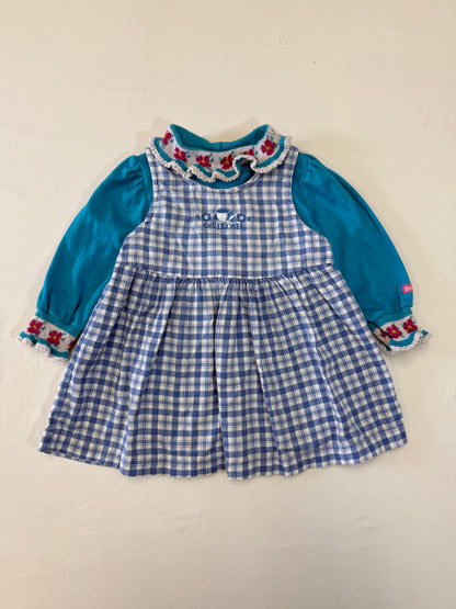 90s Y2K Kids Toddler Infant Vintage Oshkosh Bgosh Blue Check Dress and Puff Sleeve Floral Print Longsleeve Top 2pc Set / 12m 18m 24m / Made in USA dress set