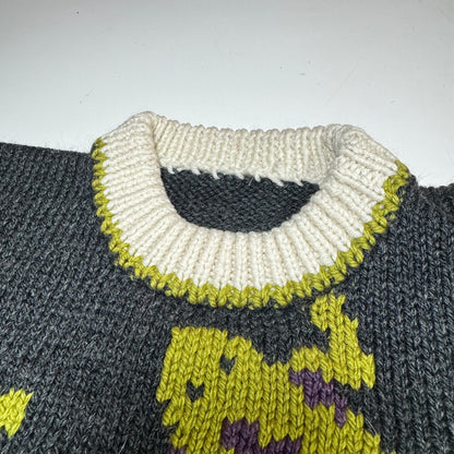 Kids Toddler Vintage Hand Knit Pullover Dark Gray AOP Cute Frogs Print 4Y 5Y 6Y