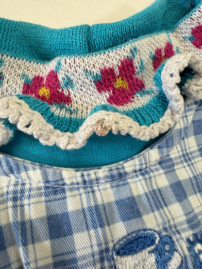 90s Y2K Kids Toddler Infant Vintage Oshkosh Bgosh Blue Check Dress and Puff Sleeve Floral Print Longsleeve Top 2pc Set / 12m 18m 24m / Made in USA dress set