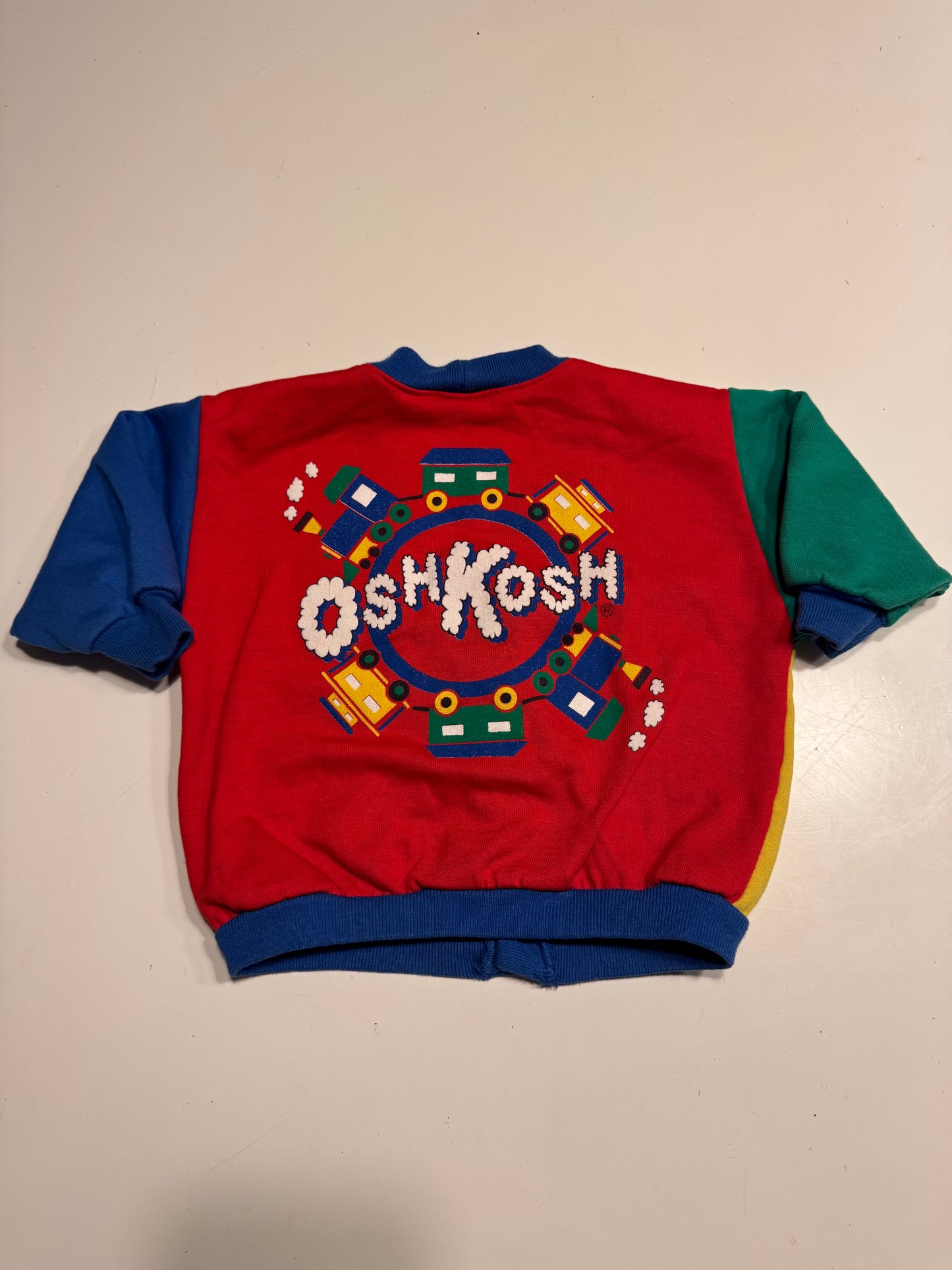 90s Kids Toddler Infant Vintage Baby B’Gosh Oshkosh Multicolour Train Big Print Red Green Yellow Blue Sweat Cardigan //12m / Made in USA