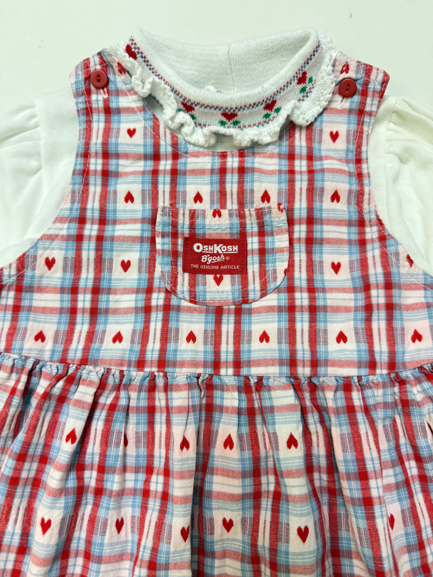 90s Kids Toddler Vintage Oshkosh Bgosh Heart AOP Check Dress and Floral Print Longsleeve Top 2pc Set  set