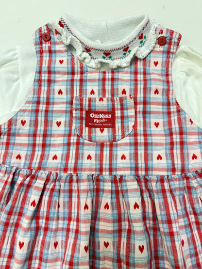 90s Kids Toddler Vintage Oshkosh Bgosh Heart AOP Check Dress and Floral Print Longsleeve Top 2pc Set  set