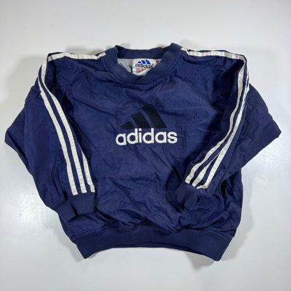 90s Vintage Adidas Kids Toddler Blue/Navy Lined Pullover Sleeves Striped Windbreaker Sweatshirt Jacket Big Logo L 6Y