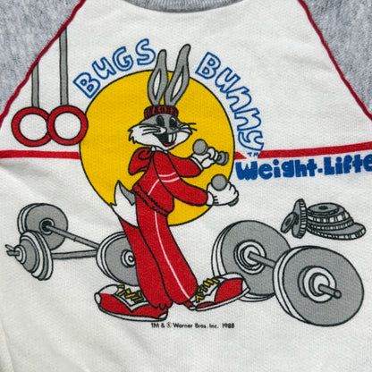 1988 80s Kids infant Baby Vintage Bugs Bunny Weight-Lifter Gray Raglan Sleeve Sweatshirt / 0m 3m 6m