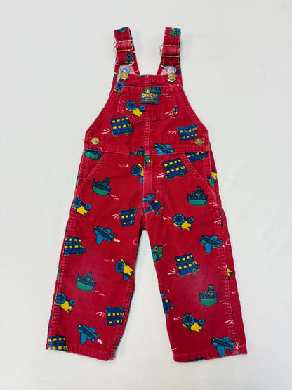 90s Kids Toddler Vintage Oshkosh Bgosh Red Cordury Plane Helicopter Tractor Bus AOP Cotton Overall / 2T/ Made in Canada