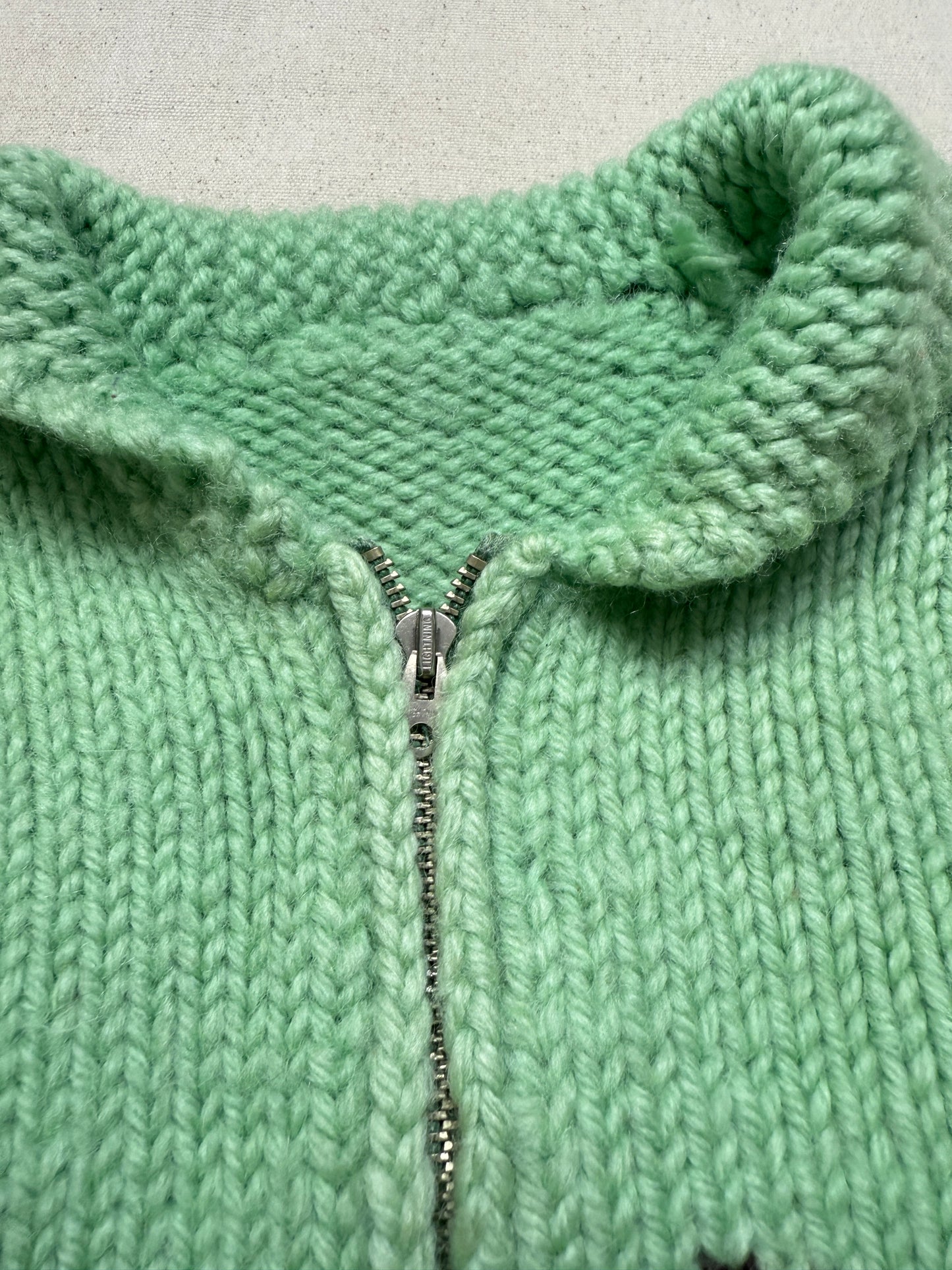 50s 60s Kids Toddler Vintage Mint Green Squirrel Lightning Zipper Cowichan Sweater / 3T 4T 5T