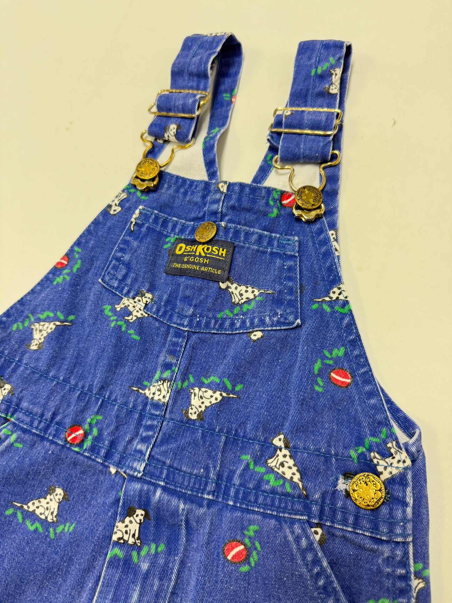90s Kids Toddler Vintage Oshkosh Bgosh Dalmatian Dog AOP Blue Cotton Overall / 3T