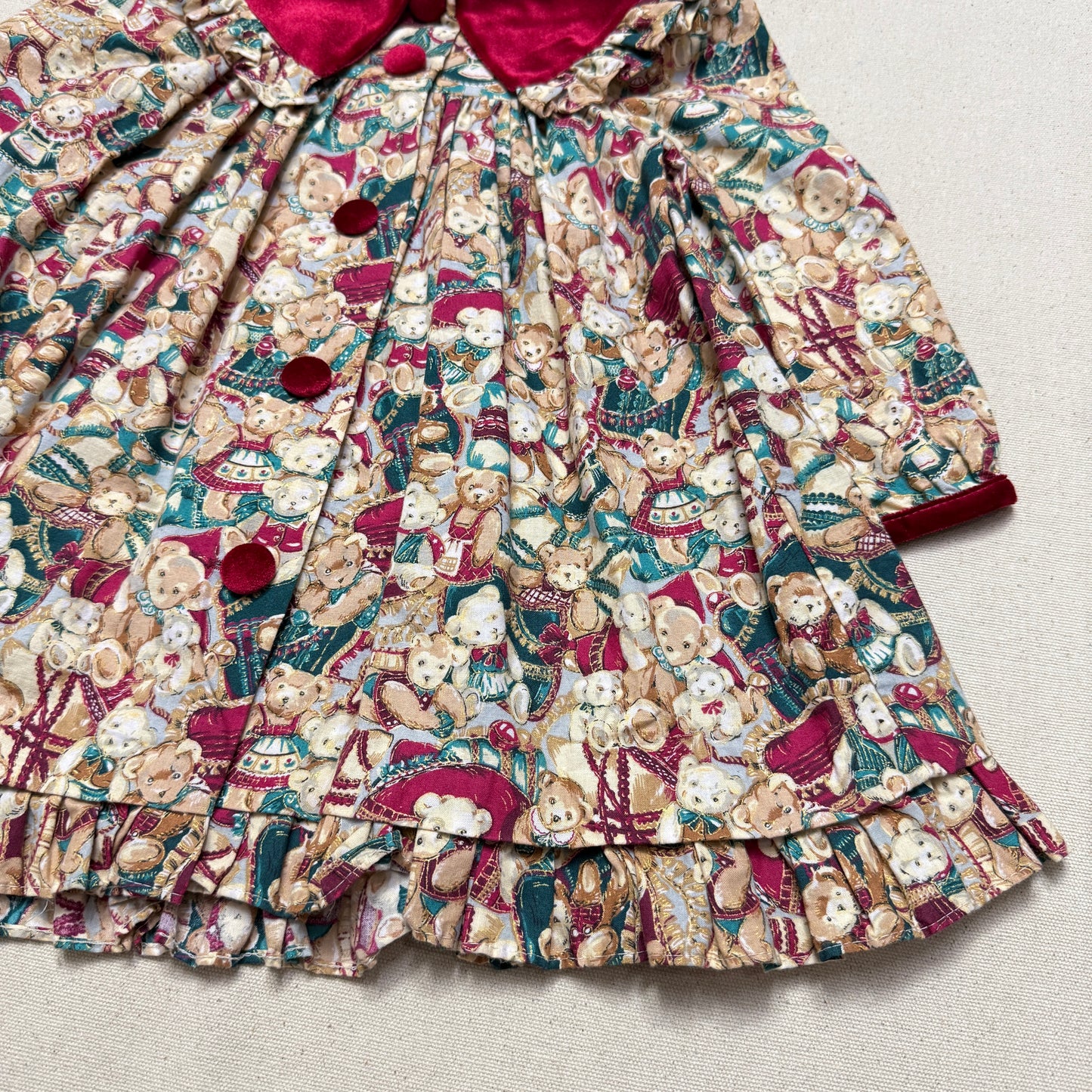 80s 90s Kids Toddler Vintage Teddy Bear AOP Christmas Pattern Velvet Round Collar Dress / 24m 2T   dress
