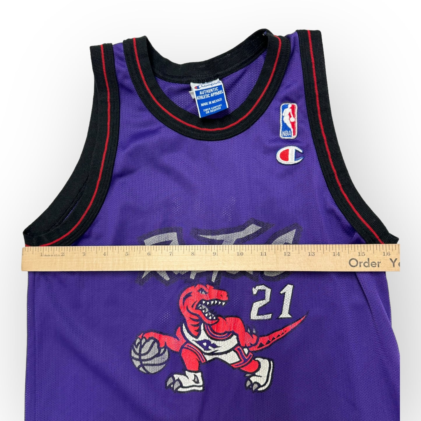 90s VTG Kids Champion Raptors #21 Camby Purple Basketball Jersey L 14-16