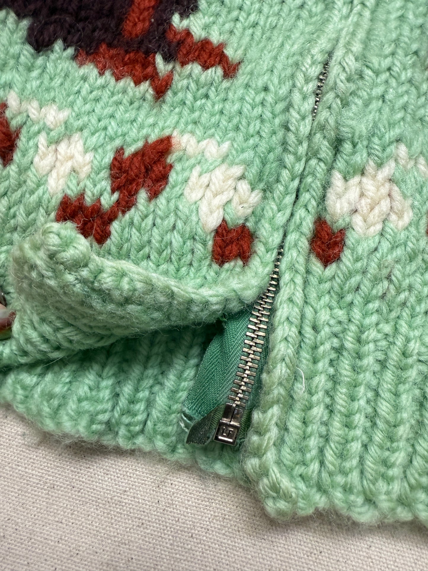 50s 60s Kids Toddler Vintage Mint Green Squirrel Lightning Zipper Cowichan Sweater / 3T 4T 5T