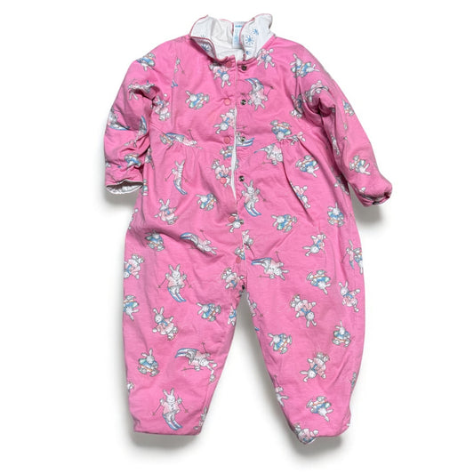 90s Kids Baby Vintage Oshkosh B’Gosh Bunny AOP Print Thick Lined Winter Onesie Romper Longsleeve Cotton Top / 18m/