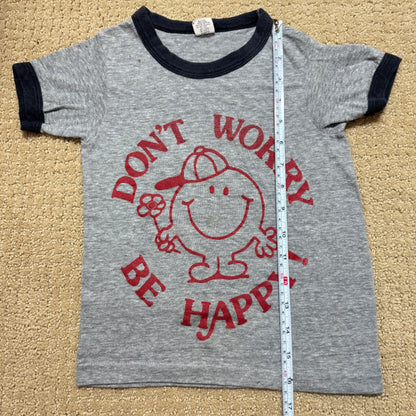 70s Kids Toddler Vintage Gray Hanes Ringer “Don’t Work Be Happy! “ Short Sleeve S 6Y 7Y 8Y Made in USA