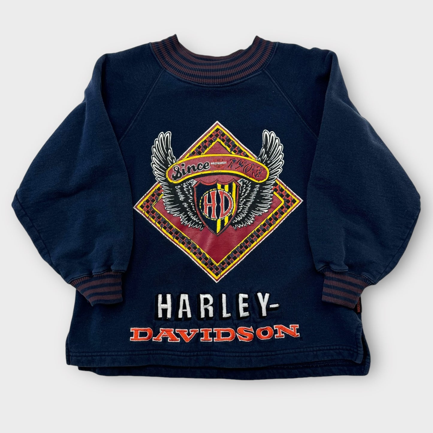 Kids Youth Vintage Harley Davidson Navy Pullover Sweatshirt Big Logo Front and Back S 8Y 9Y 10Y