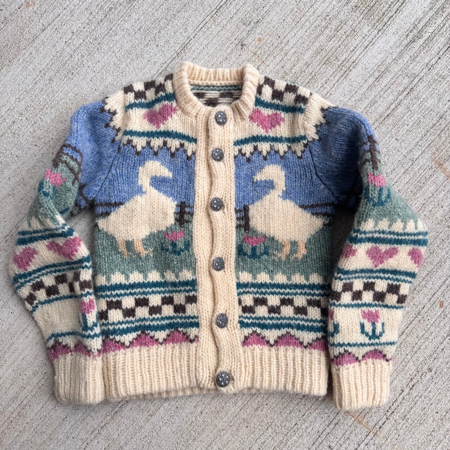 Kids Hand Knit Wool Cardigan With Ducks Front And Back 5Y 6Y 7Y