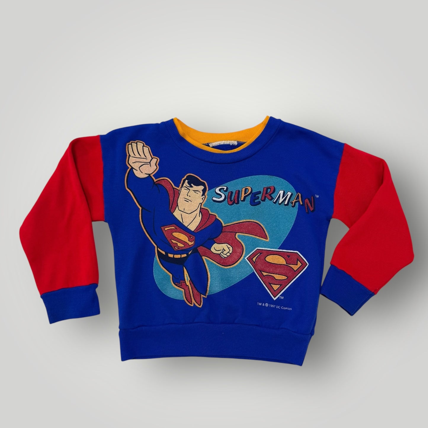 1997 Kids Toddler Vintage Superman Colourful Crew Sweatshirt 2Y 3Y