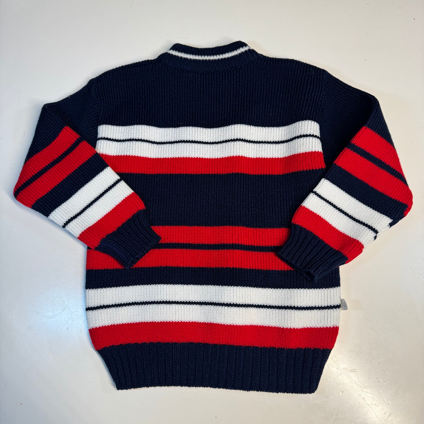 80s Vintage Kids Big  Logo Levi’s Knit Striped Navy White Red Pullover Long Sleeve Sweater 4Y 5Y 6Y
