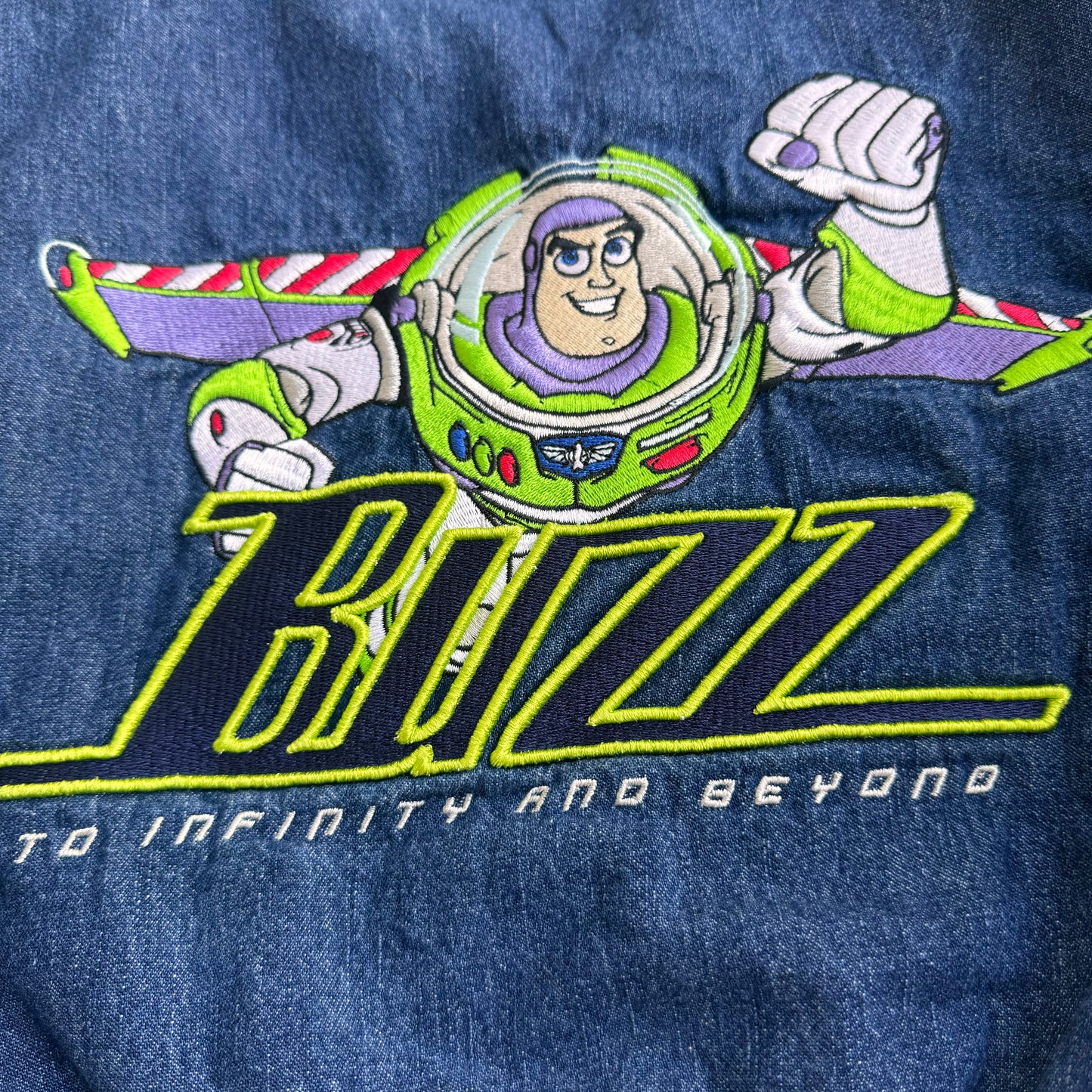 90s Kids Vintage Disney Buzz Lightyear Denim Varsity Jacket 4Y 5Y XS