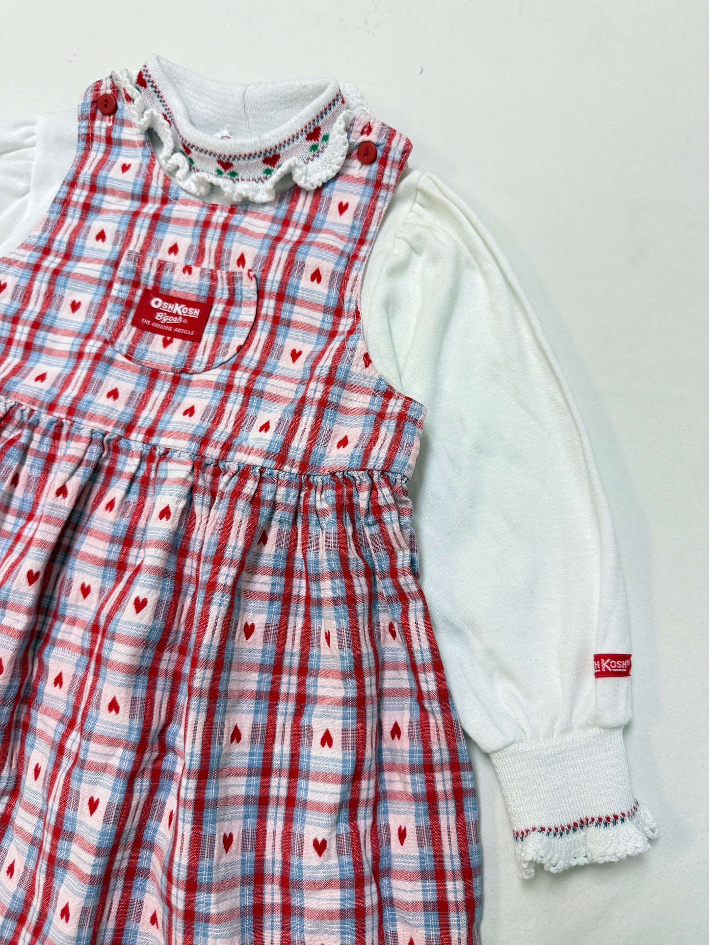 90s Kids Toddler Vintage Oshkosh Bgosh Heart AOP Check Dress and Floral Print Longsleeve Top 2pc Set  set