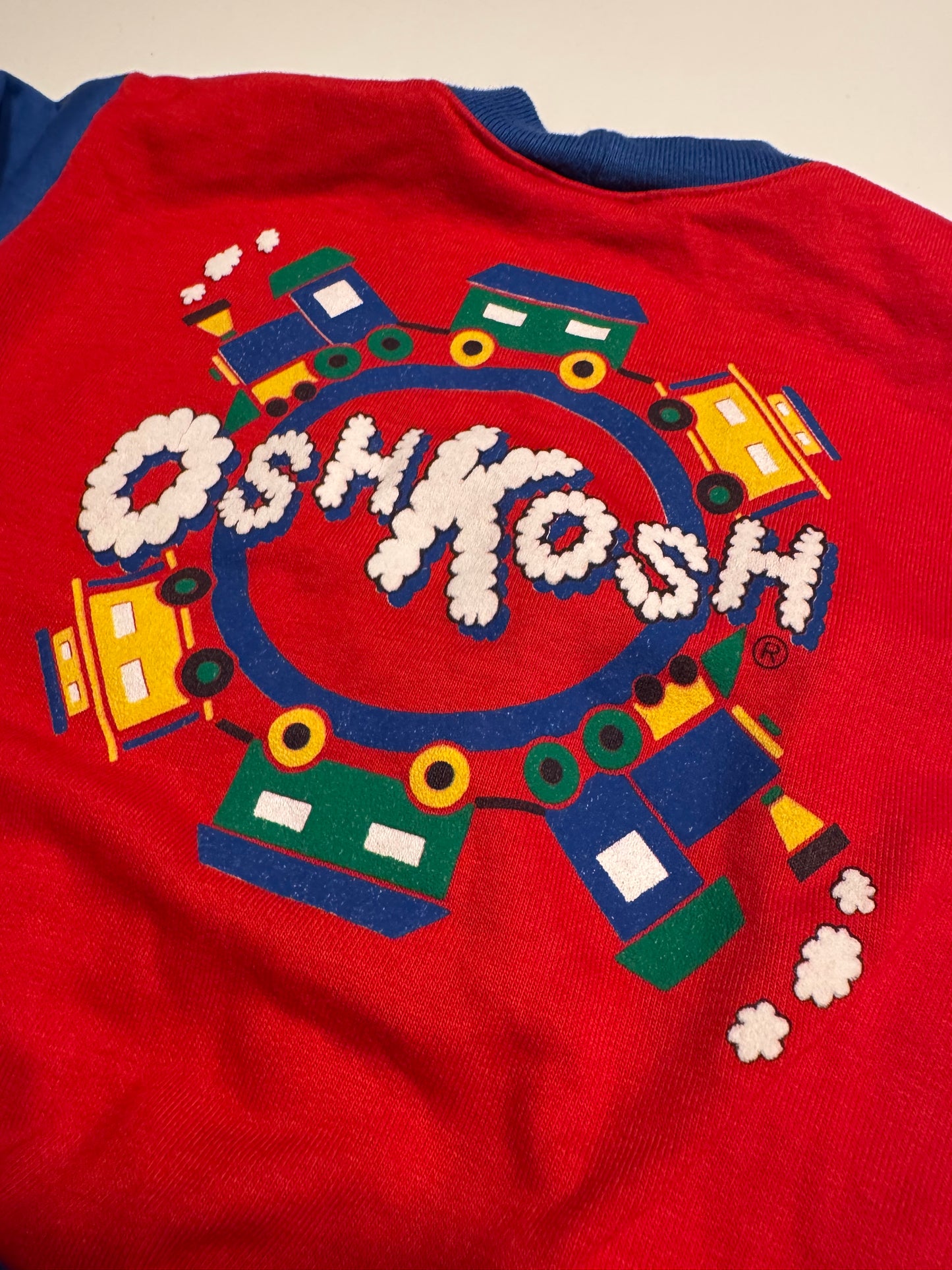 90s Kids Toddler Infant Vintage Baby B’Gosh Oshkosh Multicolour Train Big Print Red Green Yellow Blue Sweat Cardigan //12m / Made in USA