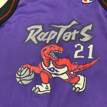 90s VTG Kids Champion Raptors #21 Camby Purple Basketball Jersey L 14-16