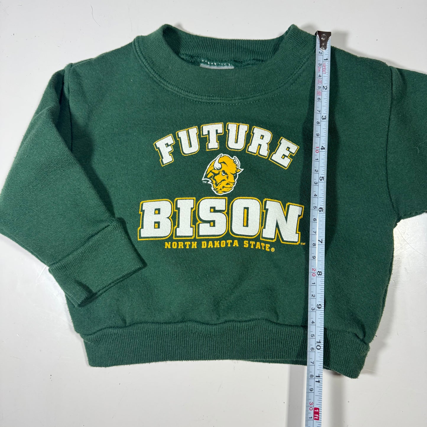 Early 2000s Kids Baby Vintage Future Bison North Dakota State Green Pullover Crew Sweatshirt 12M