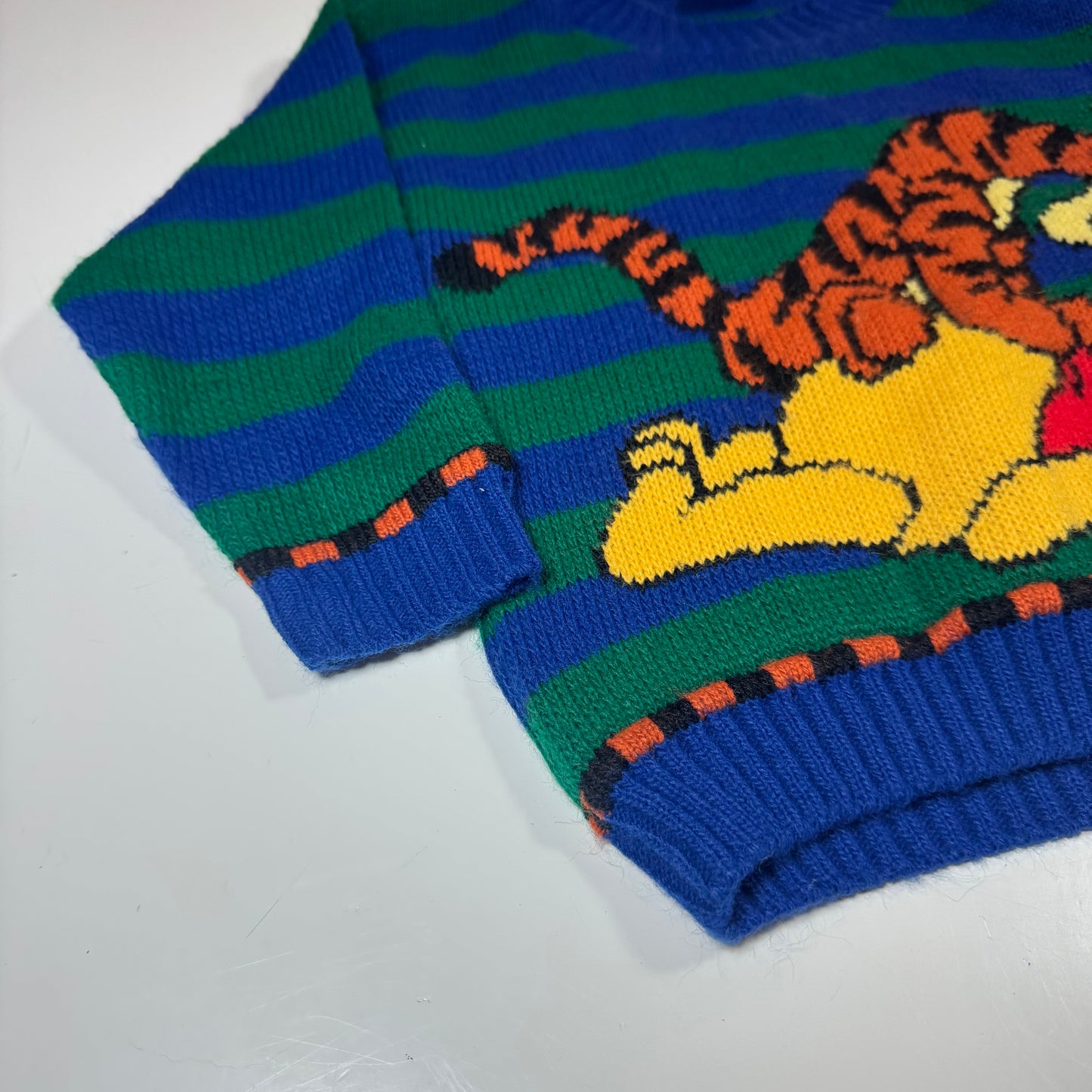 90s Kids Toddler Vintage Disney Pooh and Tiger Striped Green/Blue Knit Pullover Sweater Made in USA 3T