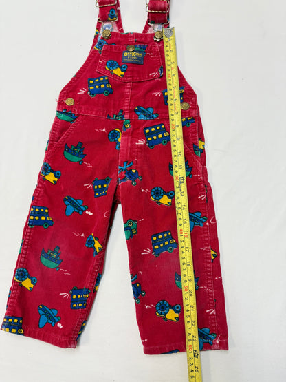 90s Kids Toddler Vintage Oshkosh Bgosh Red Cordury Plane Helicopter Tractor Bus AOP Cotton Overall / 2T/ Made in Canada