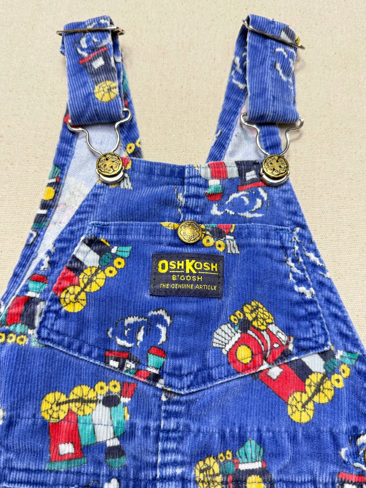 90s Kids Toddler Vintage Oshkosh Bgosh Train Pattern Blue Corduroy Overall / 2T 3T