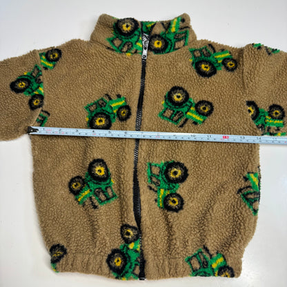 90s 2000s Kids Toddler Vintage Beige Khaki Deep Pile Zip Fleece Tractor AOP With Pockets Made in USA 3T