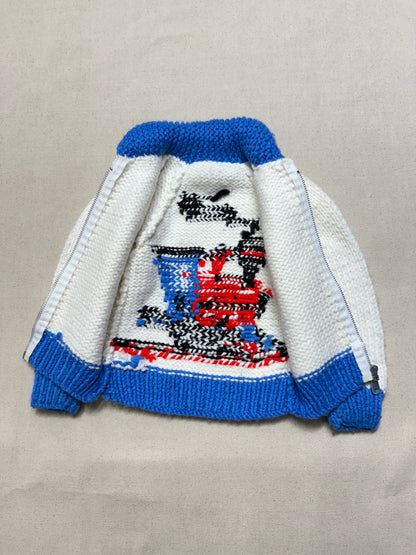 80s Kids Toddler Vintage Locomotive Engine Train Embroidered YKK Zipper Shawl Collar Cowichan Sweater / 2T 3T 4T