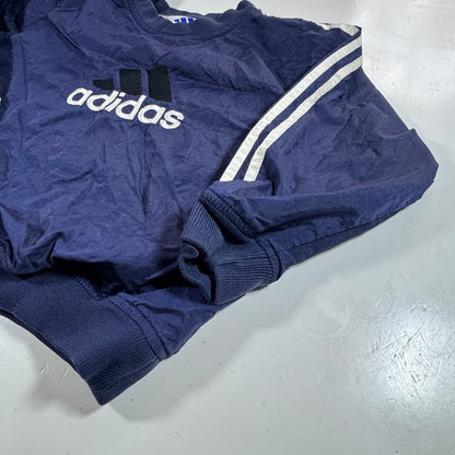 90s Vintage Adidas Kids Toddler Blue/Navy Lined Pullover Sleeves Striped Windbreaker Sweatshirt Jacket Big Logo L 6Y