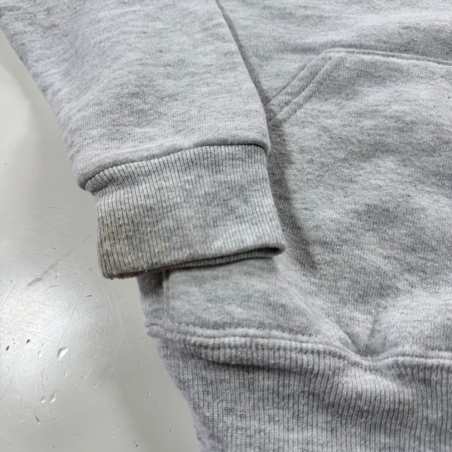 90s Kids Russell Light Gray Hooded Pullover Sweatshirt Hershey Big Logo M 10Y 11Y 12Y Made is USA