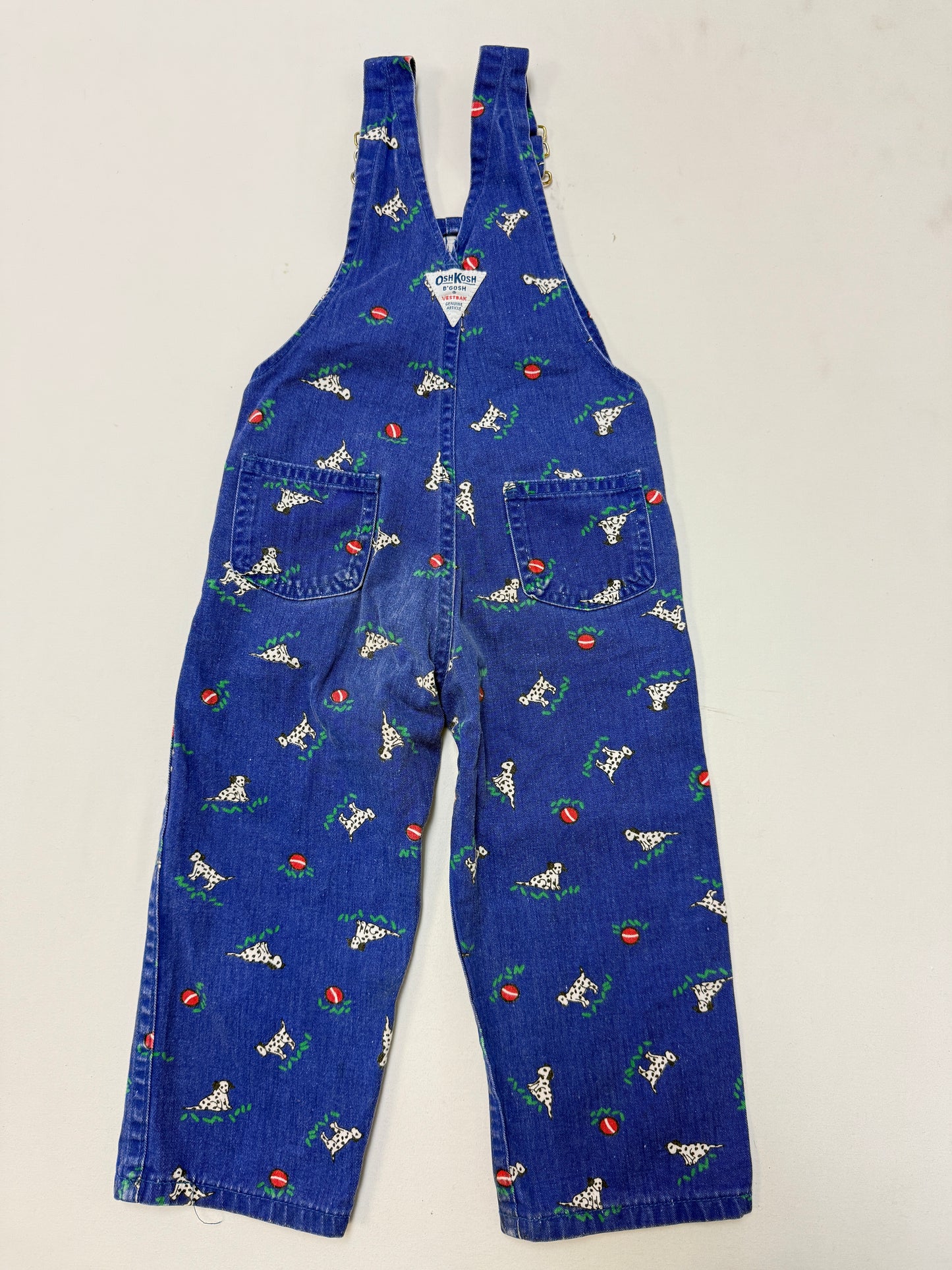 90s Kids Toddler Vintage Oshkosh Bgosh Dalmatian Dog AOP Blue Cotton Overall / 3T