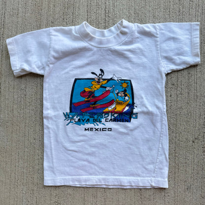 90s Kids Vintage Disney Mickey and Goofy Waterskiing Mexico Souvenir White T-Shirt 2Y 3Y 4Y