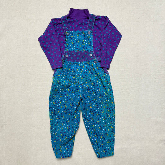 90s Kids Toddler Vintage Star Moon AOP Longsleeve Tshirt & Corduroy Overall 2pc Set / 24m 2T 3T