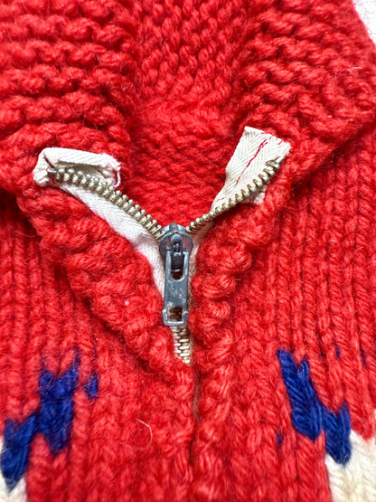 50s 60s Kids Toddler Vintage Lamb Emboridered Red Flash Zipper Shawl Collar Cowichan Sweater / 4T 5y 6y