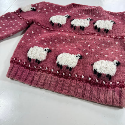 Kids Toddler Vintage Hand Knit Beautiful Maroon Pullover Sweater With Puff Shoulder AOP Sheep r 4Y 5Y 6Y