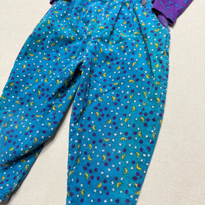 90s Kids Toddler Vintage Star Moon AOP Longsleeve Tshirt & Corduroy Overall 2pc Set / 24m 2T 3T