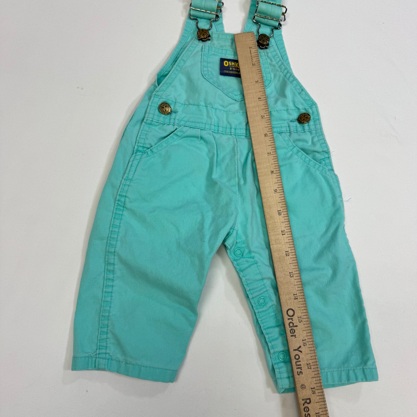 90s Kids Toddler Infant Vintage Baby B’Gosh Oshkosh 2 Piece Set Turquoise Overall White Ruffle T-shirt With Floral Accents /6m 9m / Made in USA