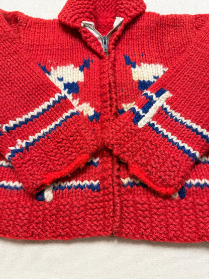 50s 60s Kids Toddler Vintage Lamb Emboridered Red Flash Zipper Shawl Collar Cowichan Sweater / 4T 5y 6y