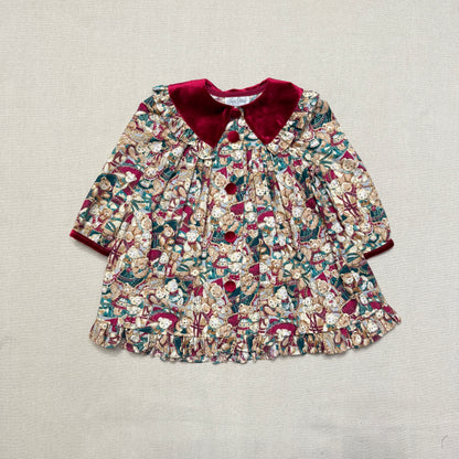 80s 90s Kids Toddler Vintage Teddy Bear AOP Christmas Pattern Velvet Round Collar Dress / 24m 2T   dress